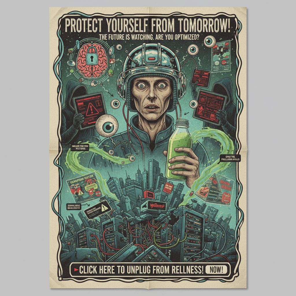 Futurism poster but make it paranoid wellness discourse
