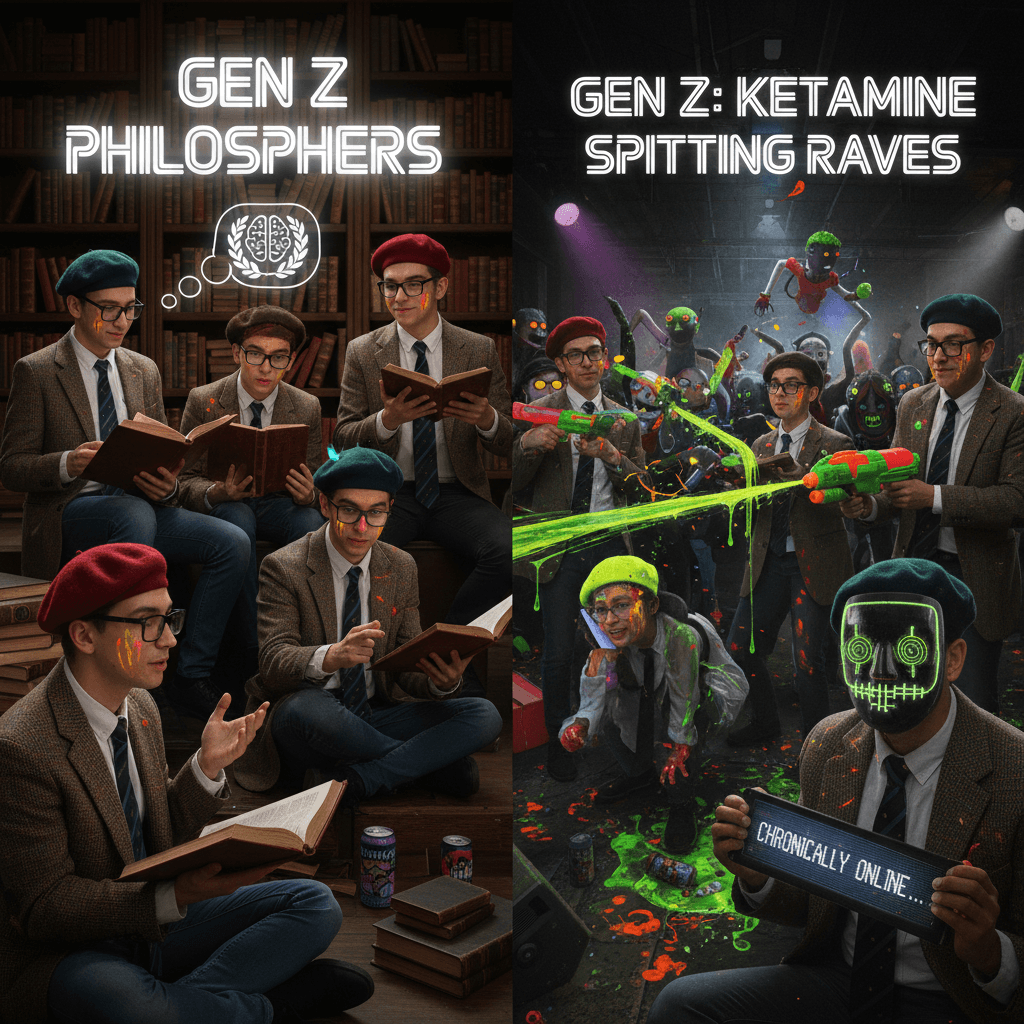Gen Z: philosophy clubs | Also Gen Z: ketamine raves with spitting