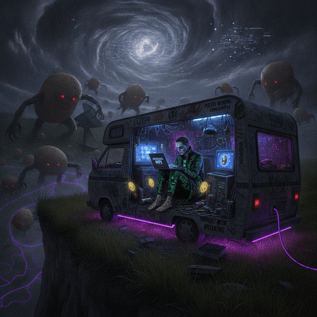 Touch grass? No internet, no sole—only potato demons and existential wifi