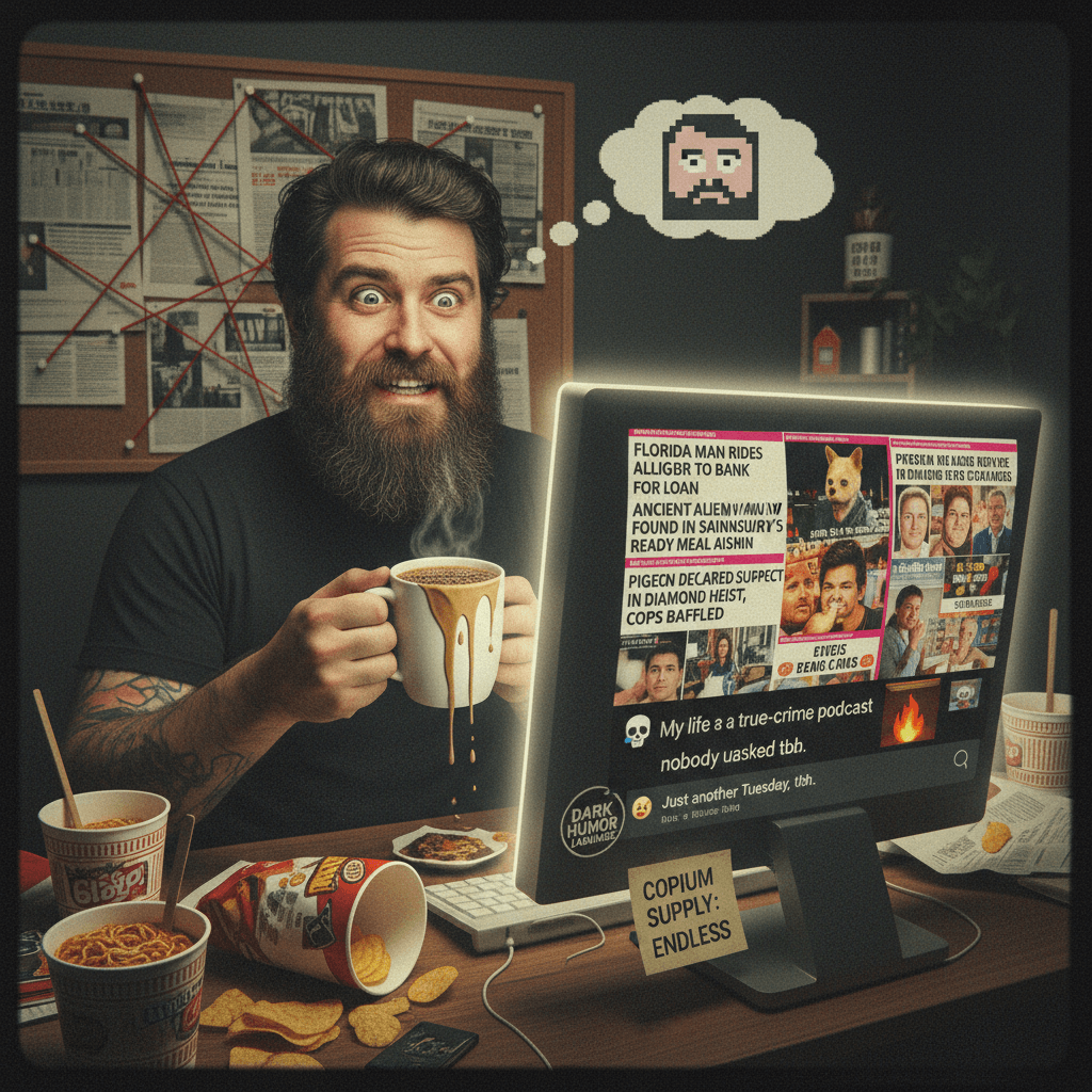 bearded man reacts to unhinged headlines, somehow still relatable