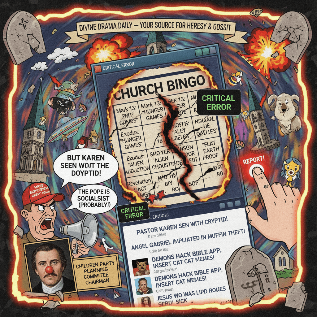 biblical citations meet tabloid fever dream, church bingo cards destroyed