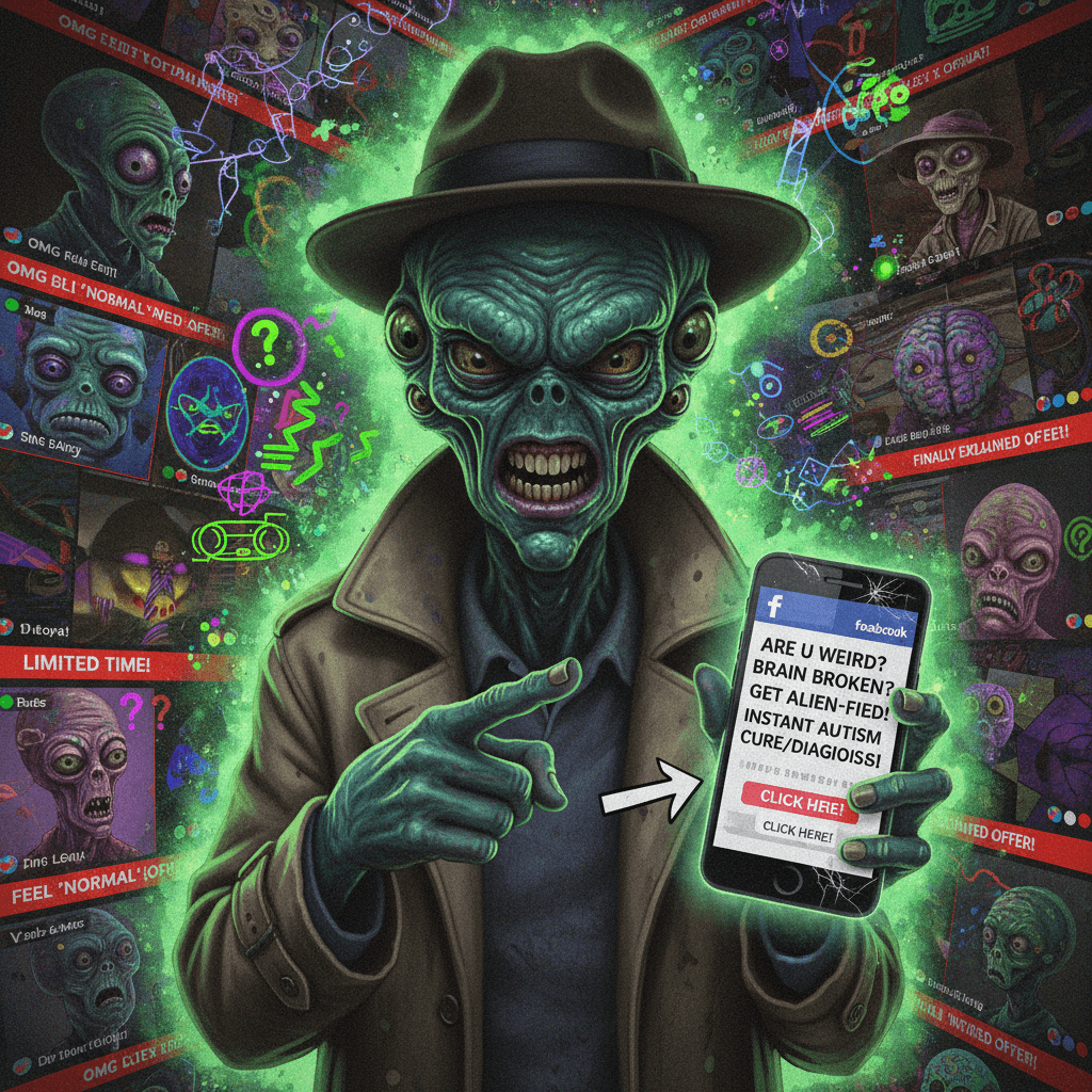 Creepy alien sells you autism diagnosis via Facebook ad