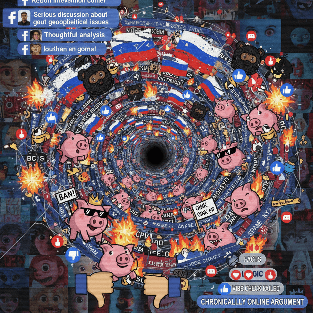 Facebook comment thread speedrun: serious→russia jokes→pig