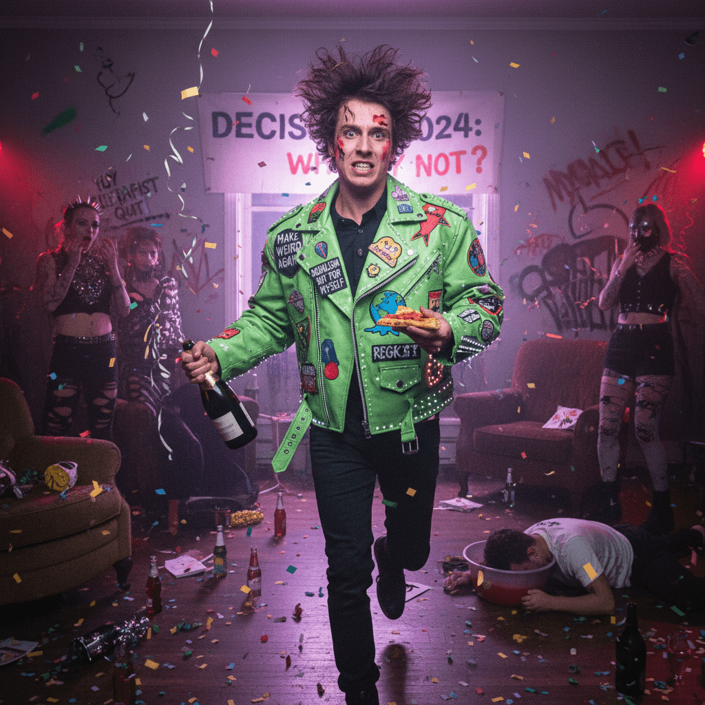 Speedrunning regret at a party with a statement jacket
