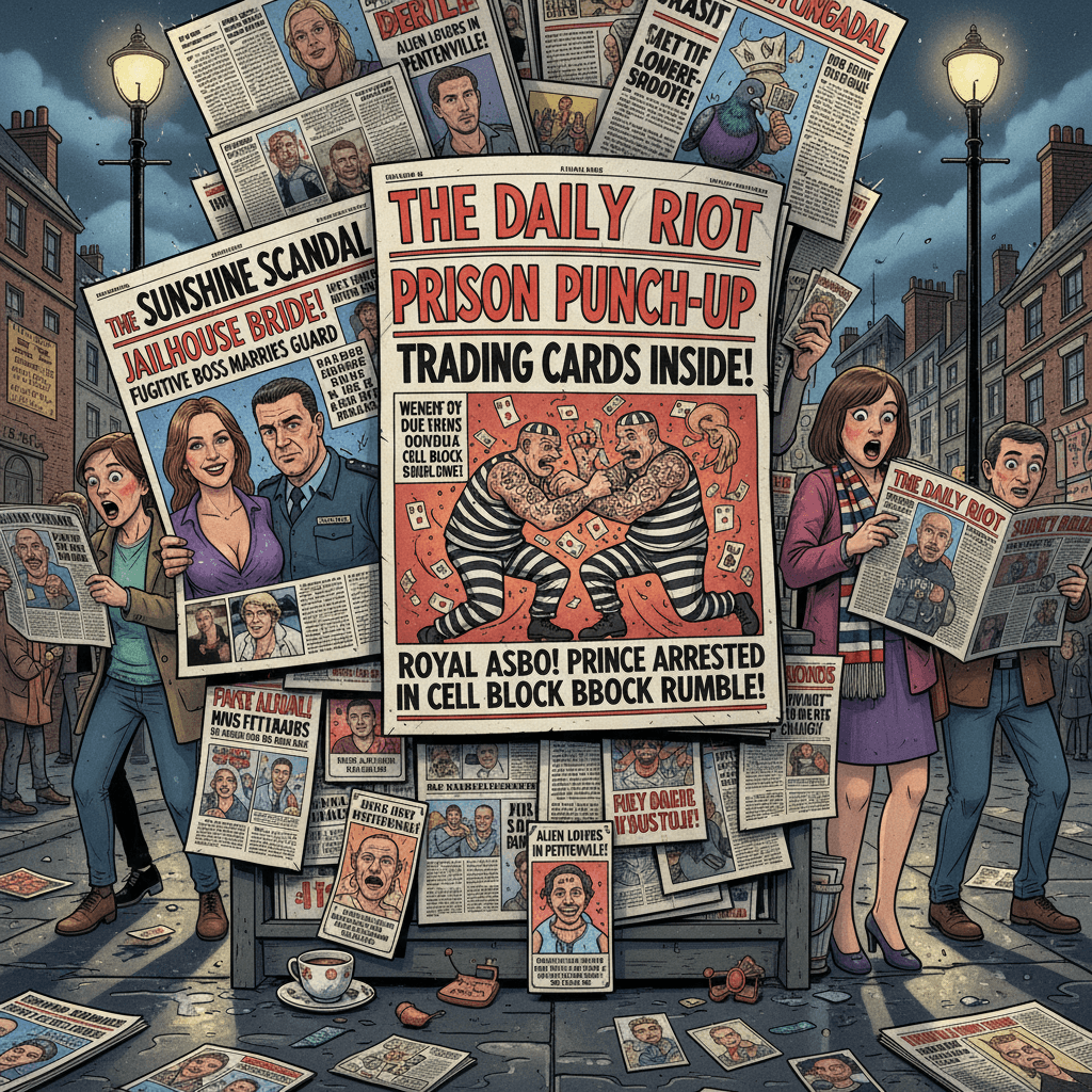 Tabloid chaos: free trading cards & prison assault headlines compete for eyeballs