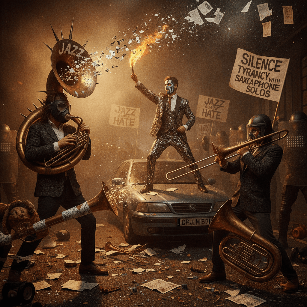 Brass instruments as antifascist weapons; somehow both genius and deeply unserious