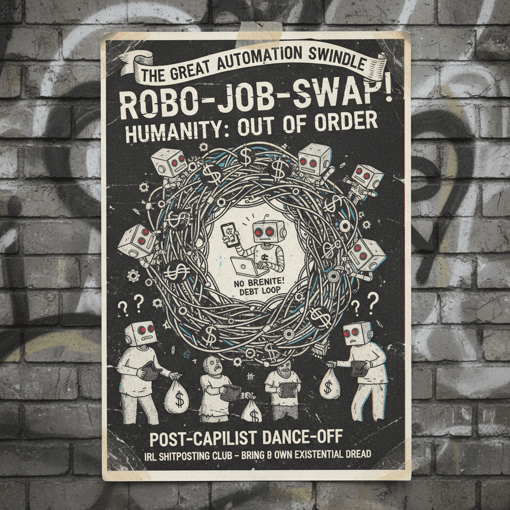 Robots steal jobs, humans still broke, problem unsolved—posted it online