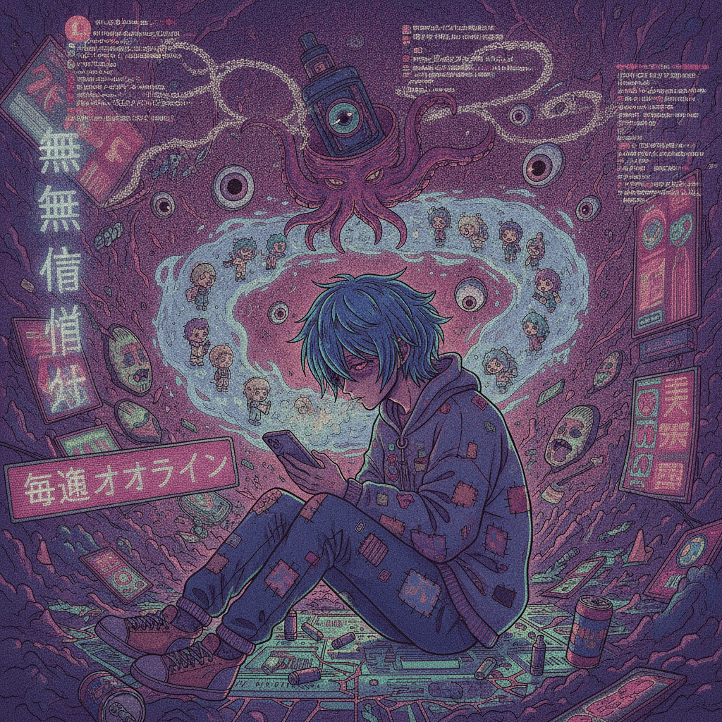cosmic dread meets vape desperation in neon hell