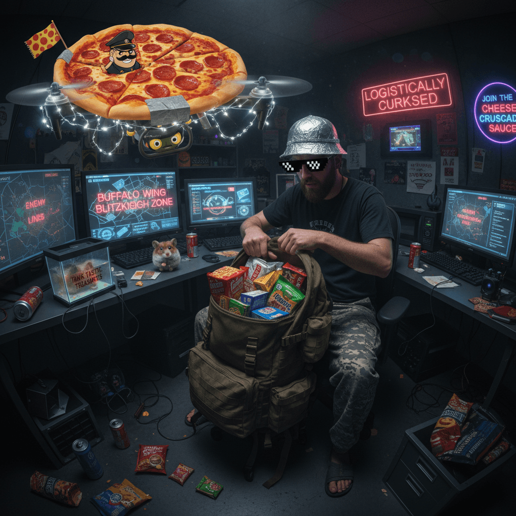 war prep checklist: bagged lunch, pixel shades, pizza propaganda