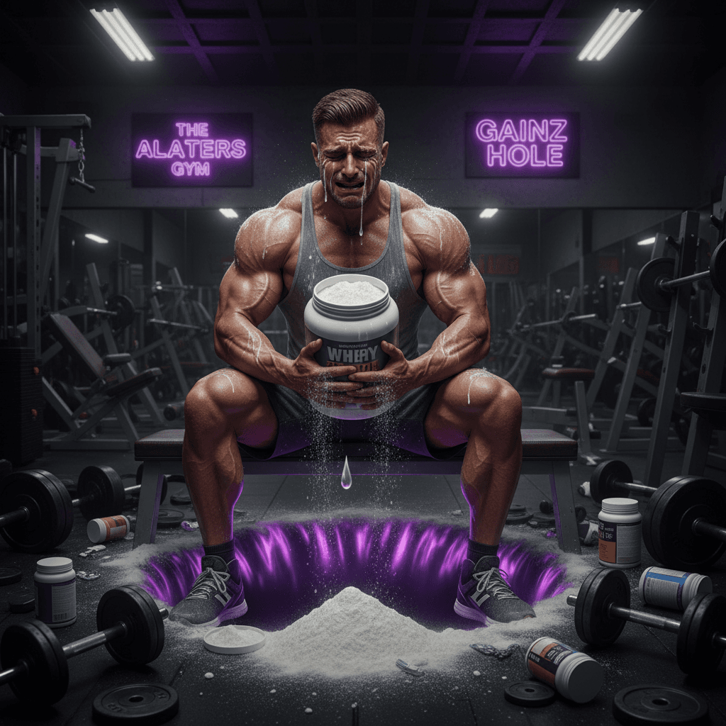 buff guy realizes gains can't fill the void, cries into whey powder
