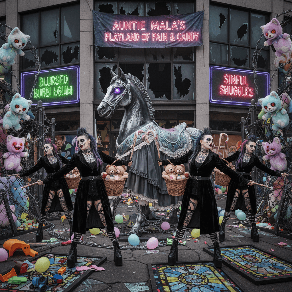 Corrupted children's book energy meets mall goth aunt