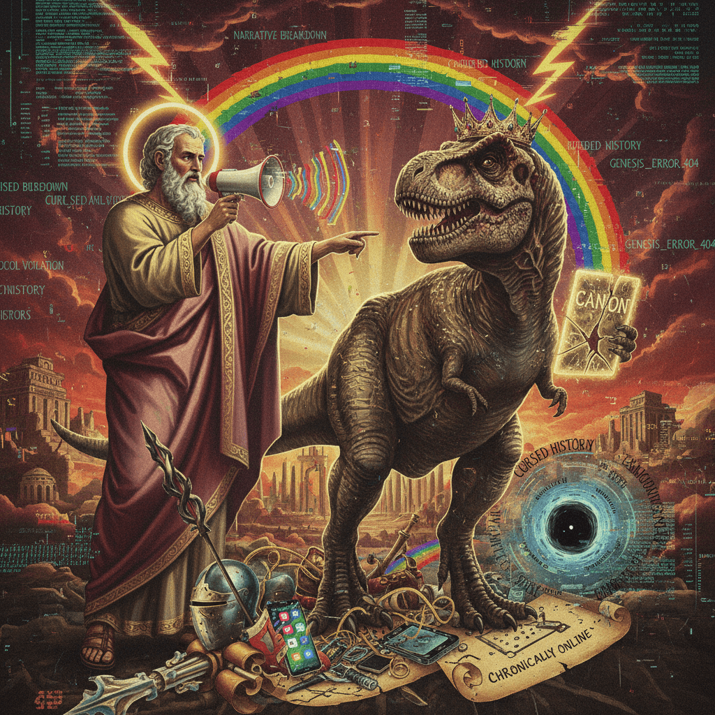 God yells at dinosaur for breaking canon