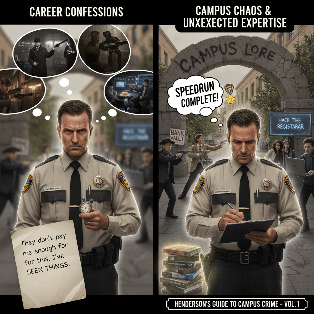 Security guard speedruns observing every crime genre on campus