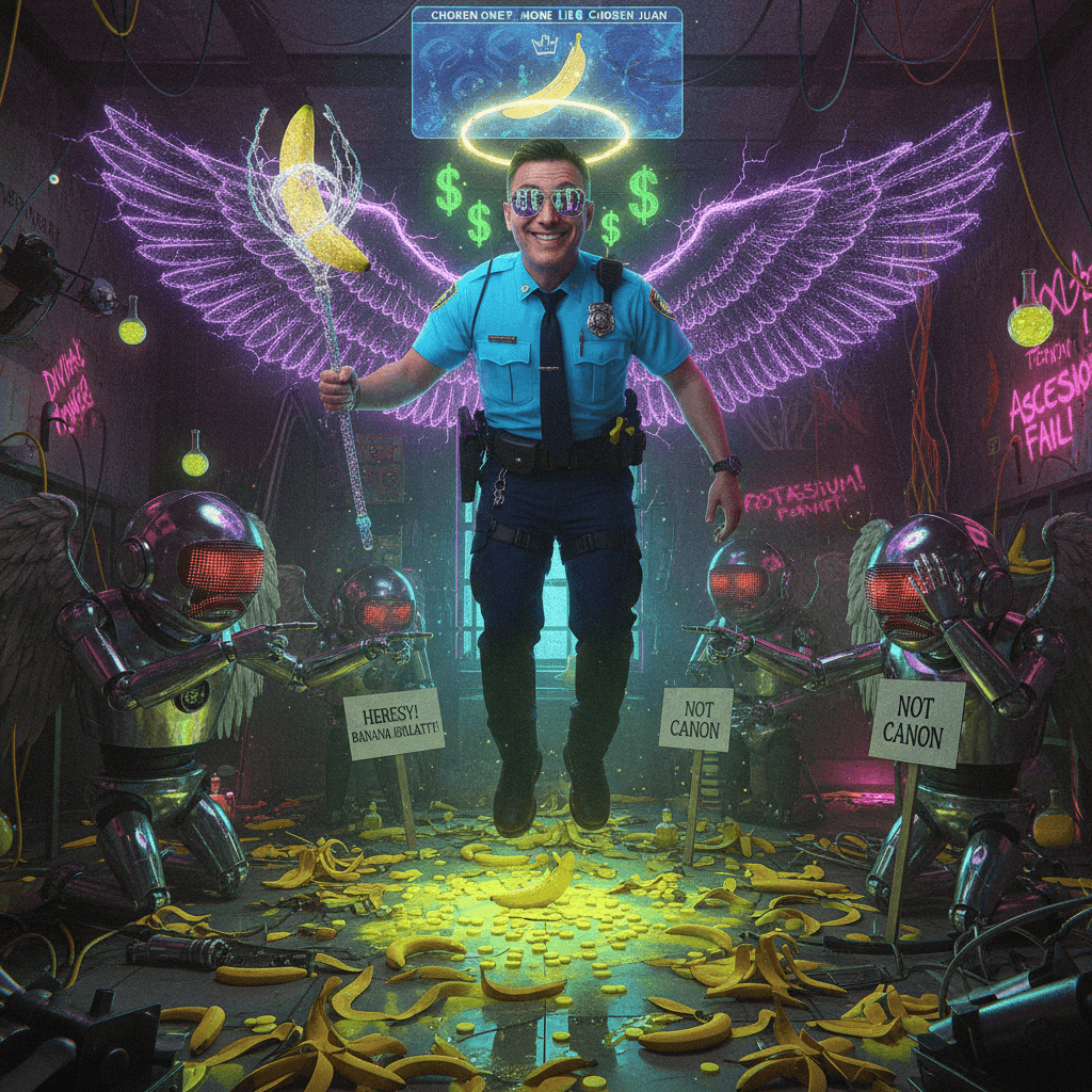 Local cop ascends to godhood via potassium, winged robots not pleased