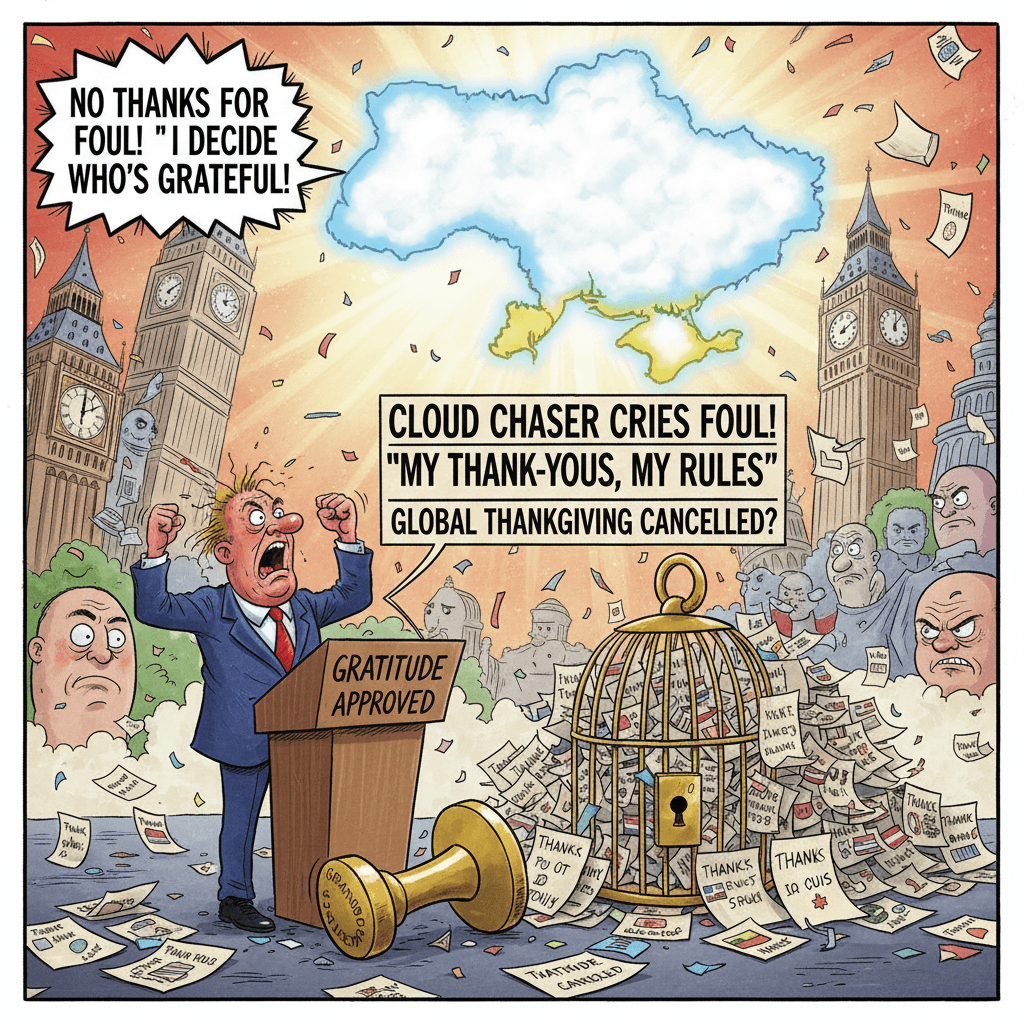 man yells at cloud shaped like ukraine over thank-you notes