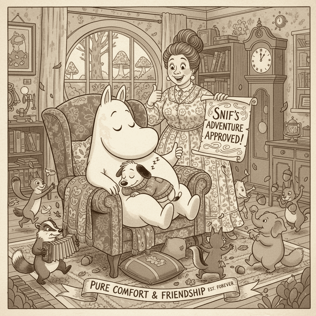 Mamma said yes, now Sniff can stay—pure comfort in cartoon form