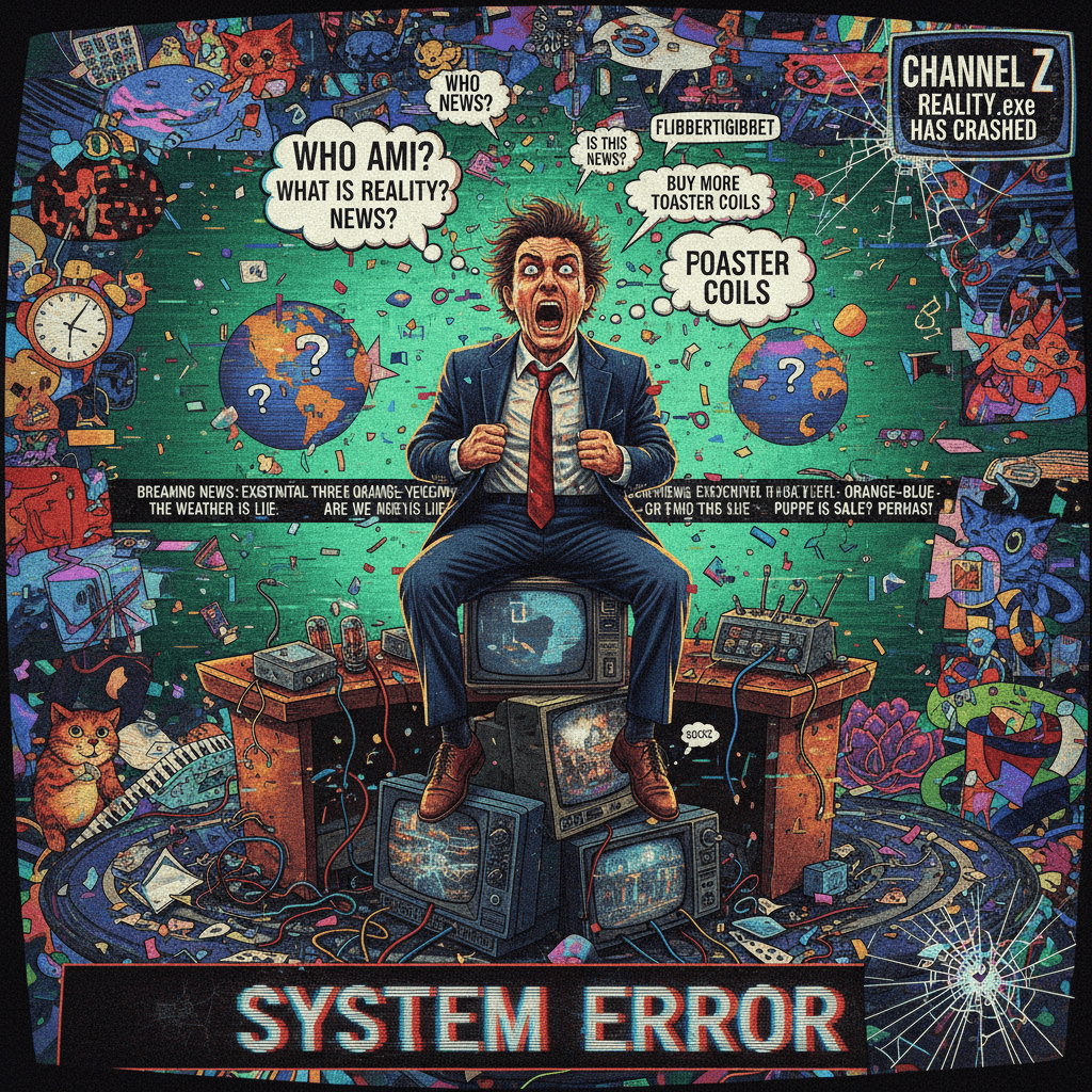 unhinged news anchor having an existential crisis mid-broadcast