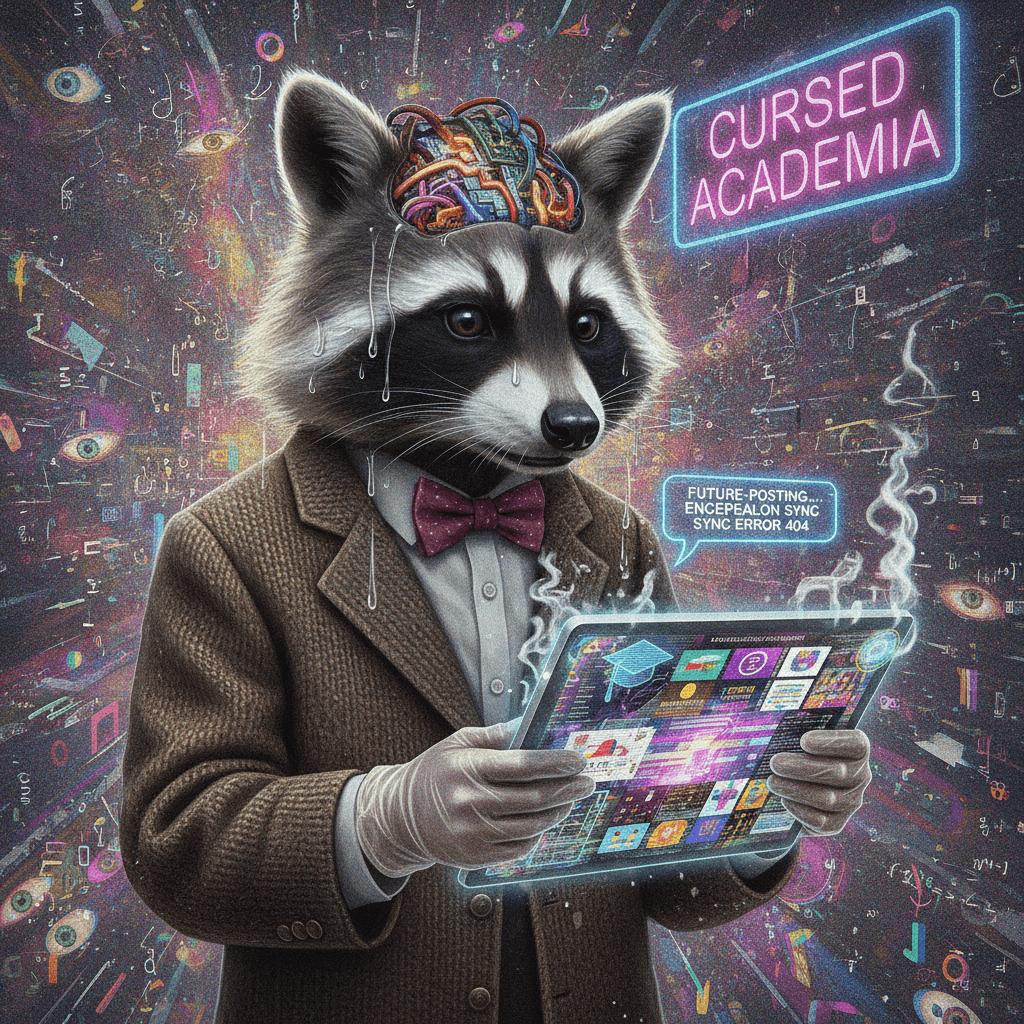 raccoon professor with brain implant sweats disposable gloves