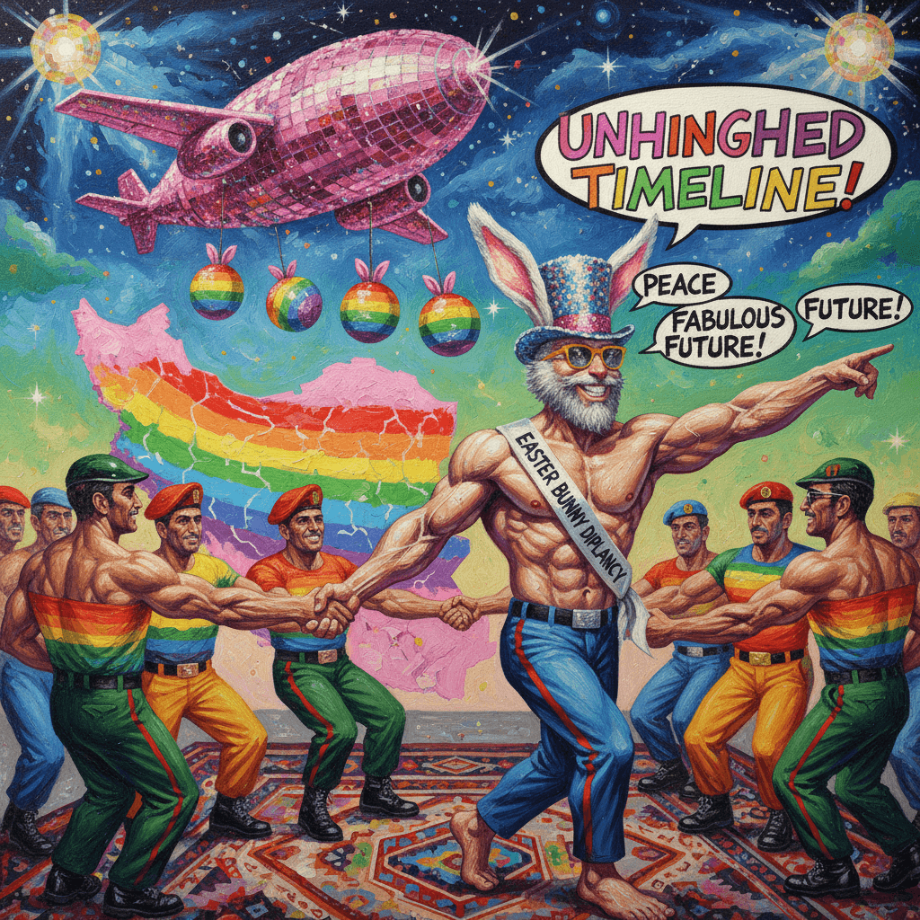 carpet bombing iran next to the easter bunny, but make it gay