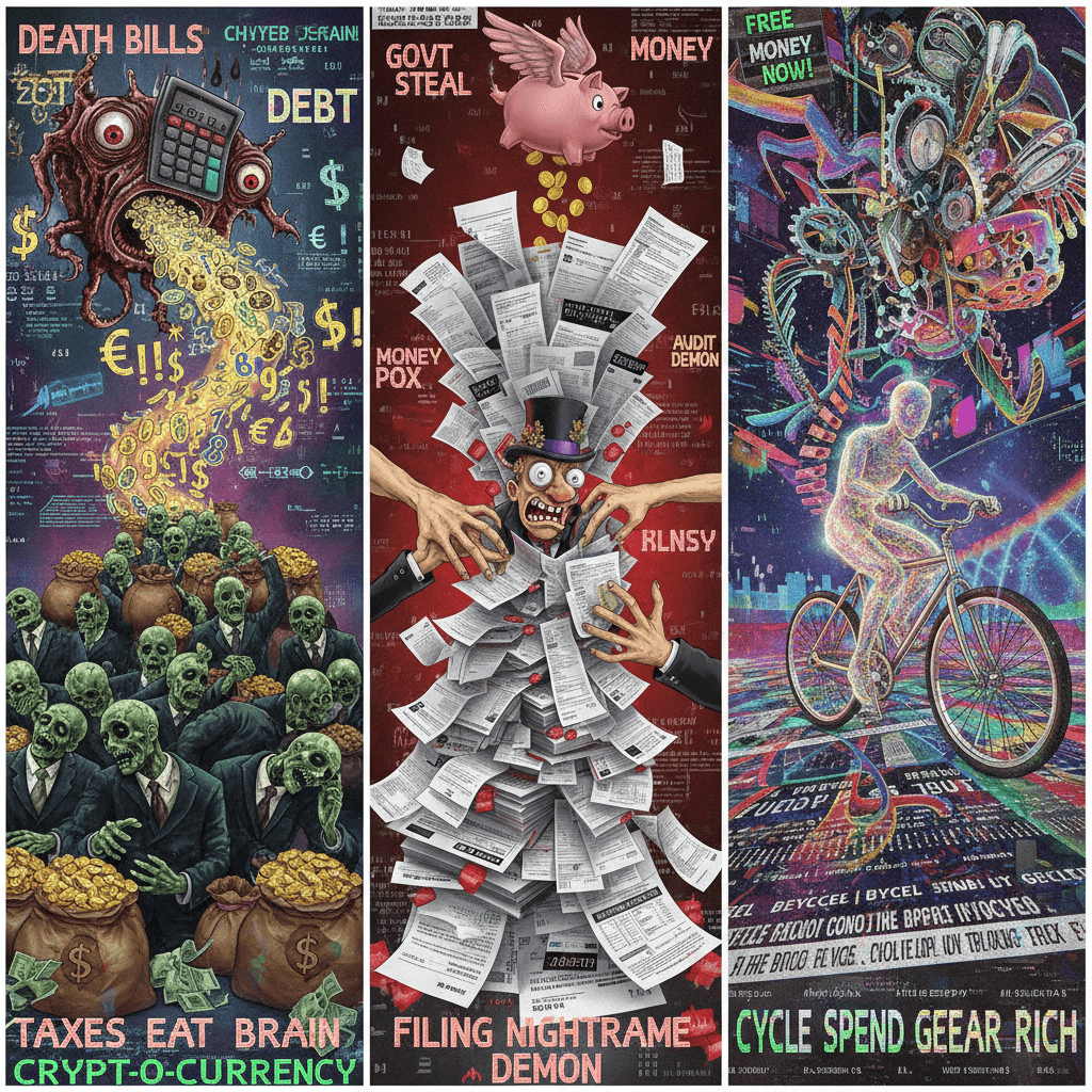 Corpses, taxes, and beycel: a triptych of unhinged financial horror