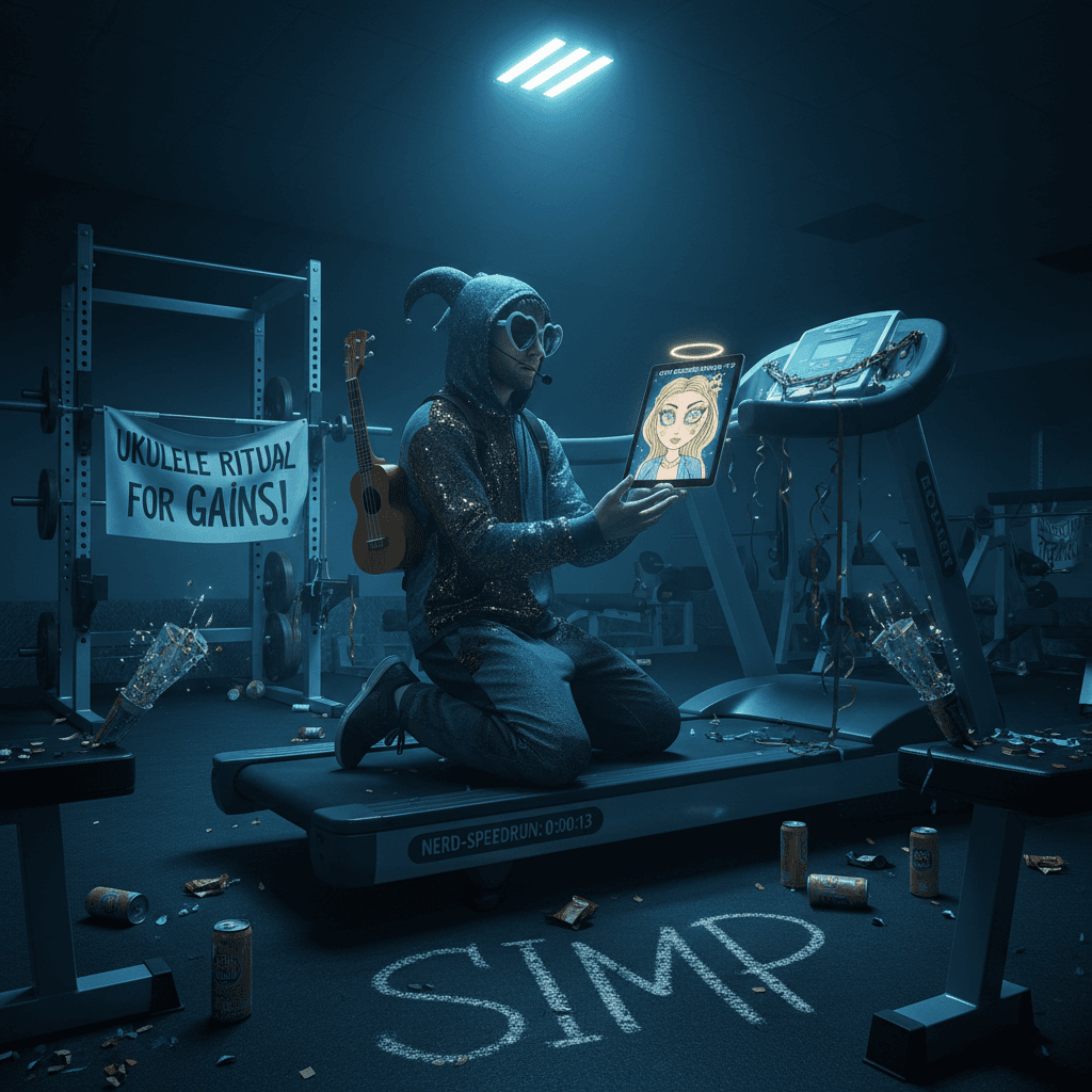 calling goddess at gym dawn to perform ukulele, pure jester energy