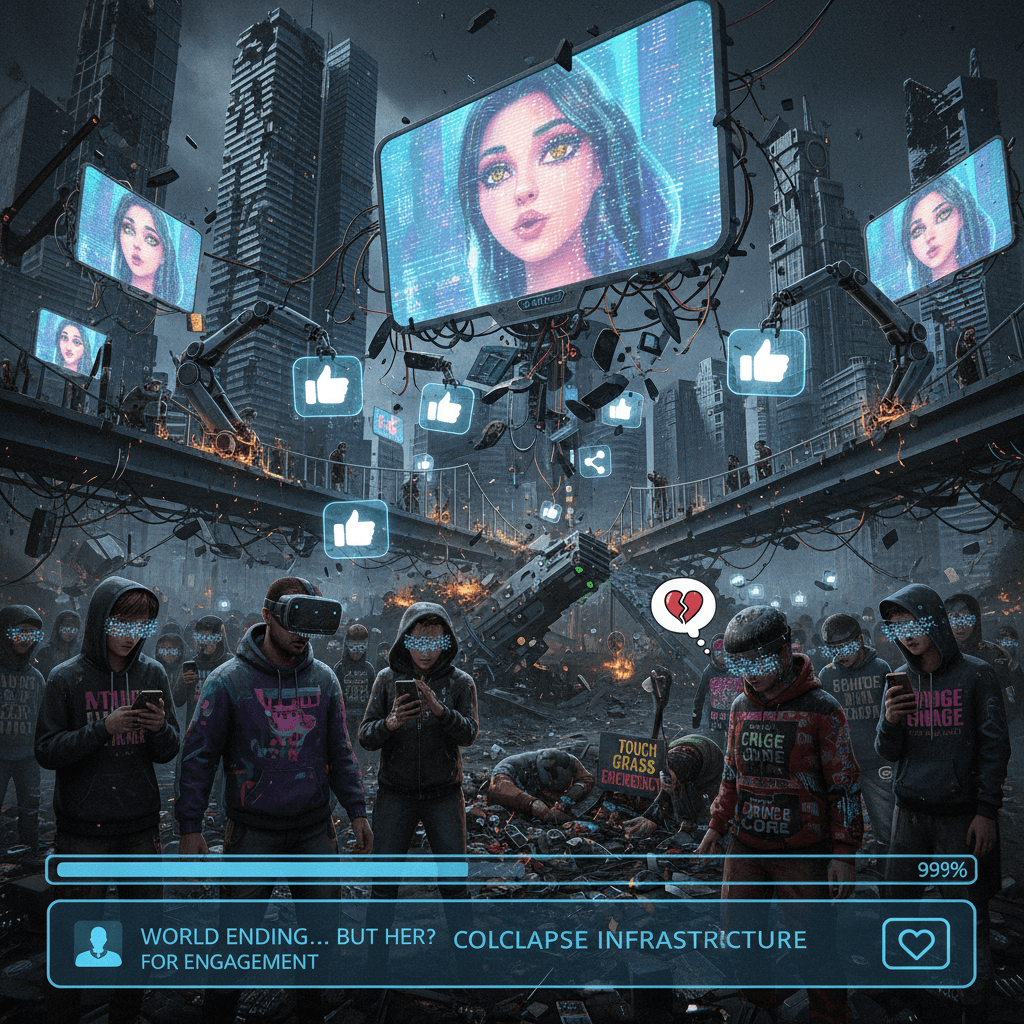 World ending, but did you see her? *collapses infrastructure for engagement*