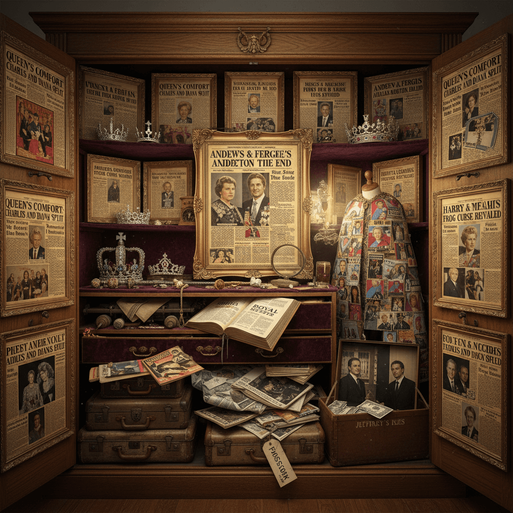 Framed divorce headlines in a wardrobe: peak royal family fixation behavior