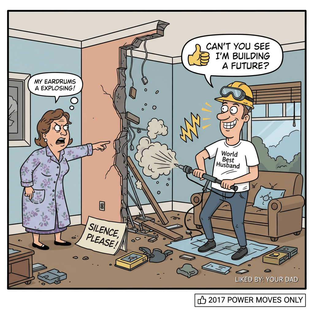 husband dismisses wife's noise complaints as 'progress' (2017 energy)