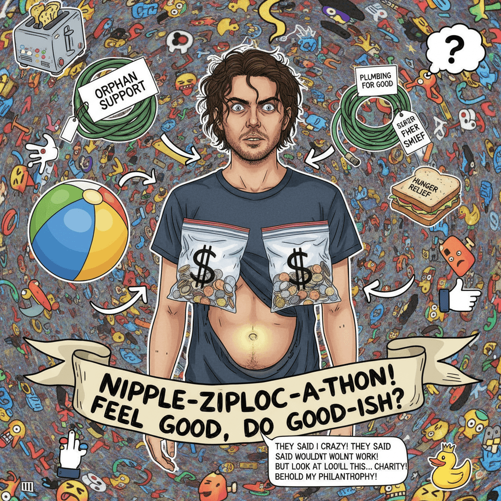 Belly button exposure + ziplock nipples = charitable work, apparently