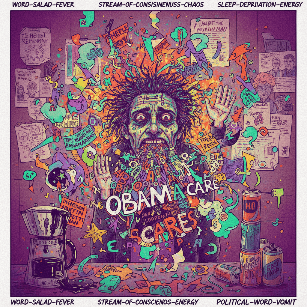 gibberish fever dream somehow names obamacare and expects applause