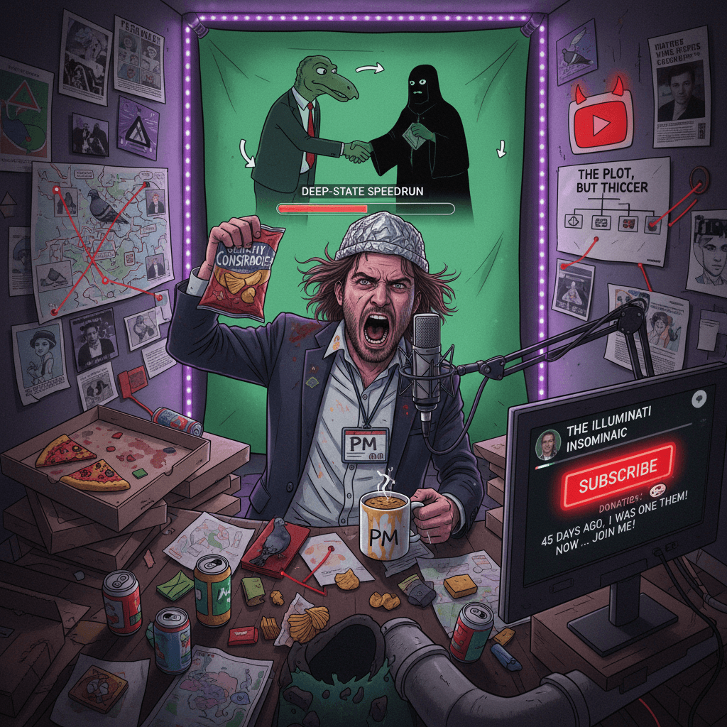 45 days PM, now full-time conspiracy streamer. the plot thickens