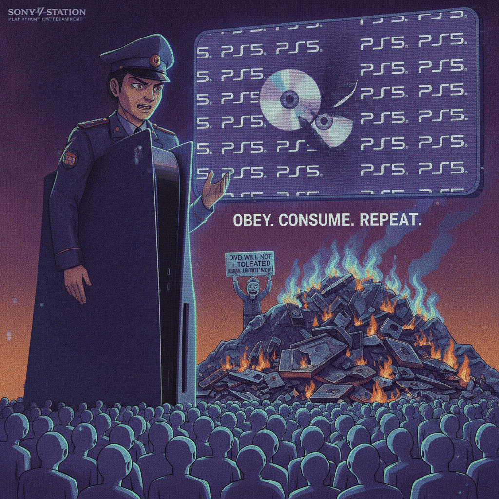 Bootleg totalitarian meme warns of DVD persecution via PS5 repetition