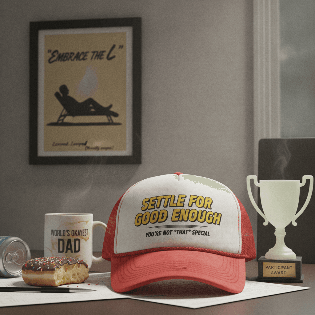 Unironic trucker cap tells you to get comfortable with mediocrity