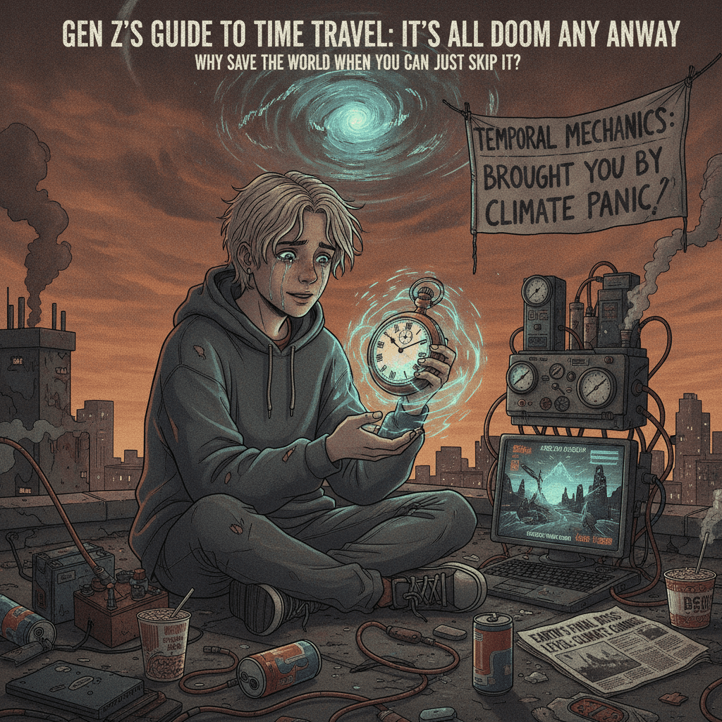 Teenager discovers temporal mechanics via climate anxiety on a rooftop