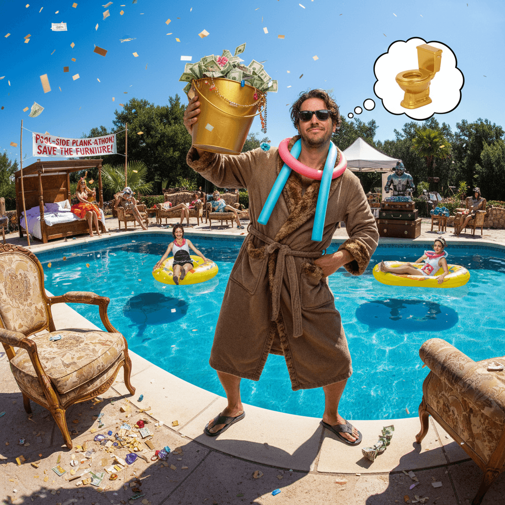 Luxury refugee grift: pool side fundraising for oak furniture