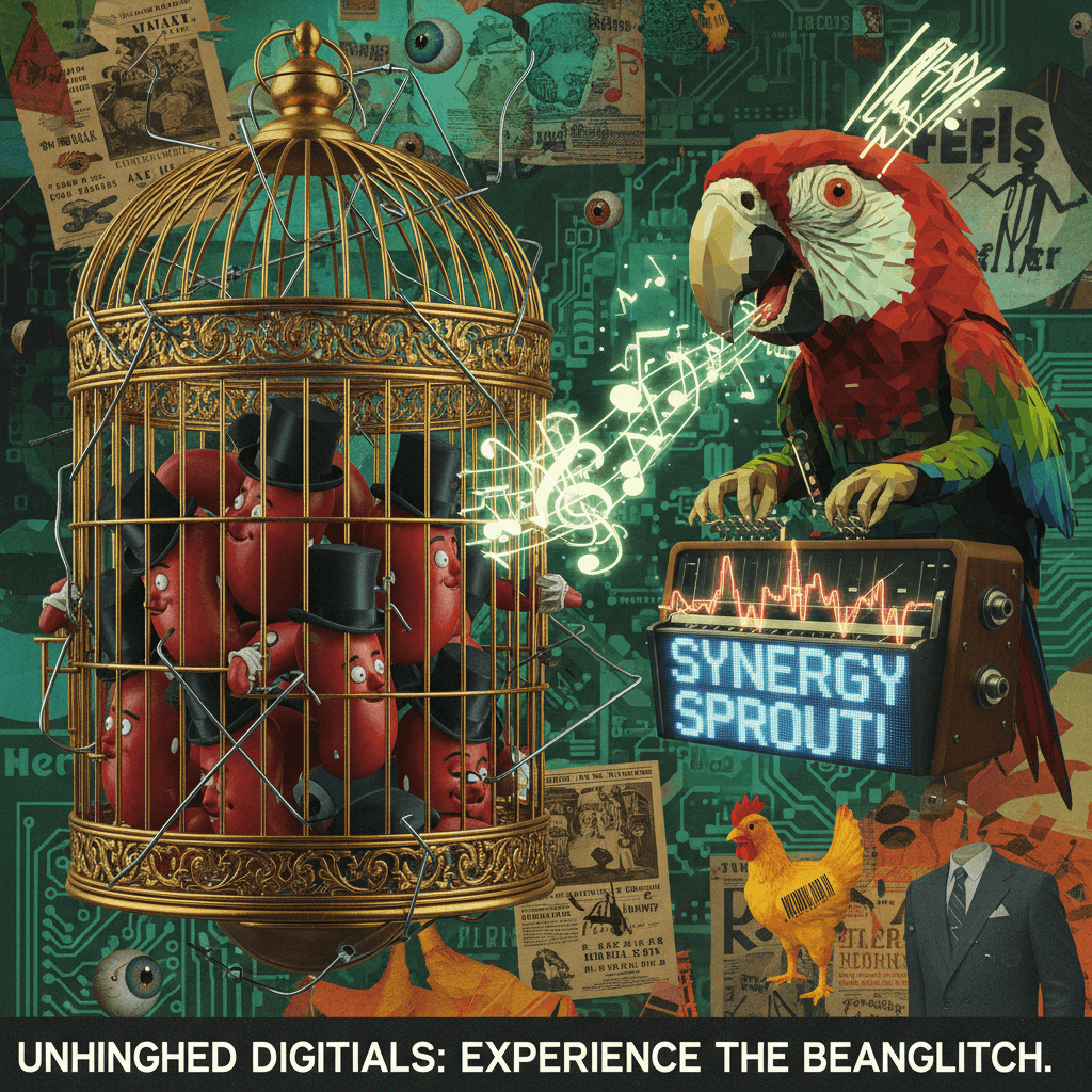 beans in cage meets glitch serenades: pure unhinged marketing speak