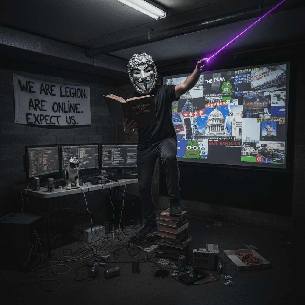 Anonymous guy with Guy Fawkes mask explains constitutional law, probably