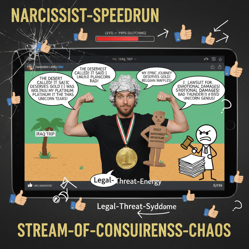 man brags about Iraq trip, considers self-awarding medal, threatens lawsuit