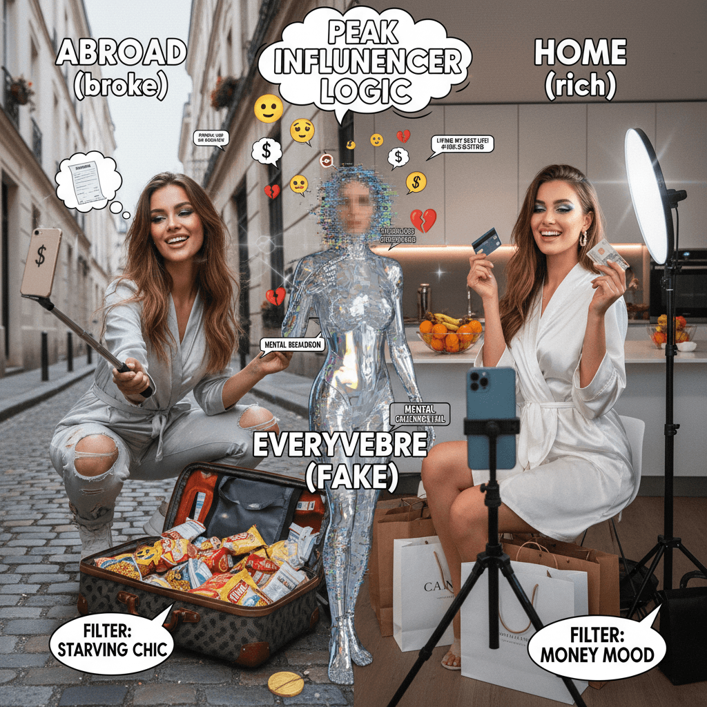 broke abroad, rich at home, fake everywhere—peak influencer logic