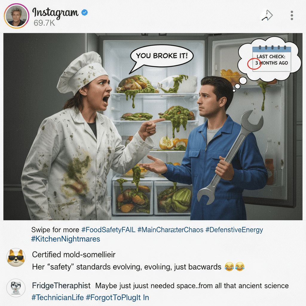 Certified food safety expert forgets broken fridge, blames technician anyway