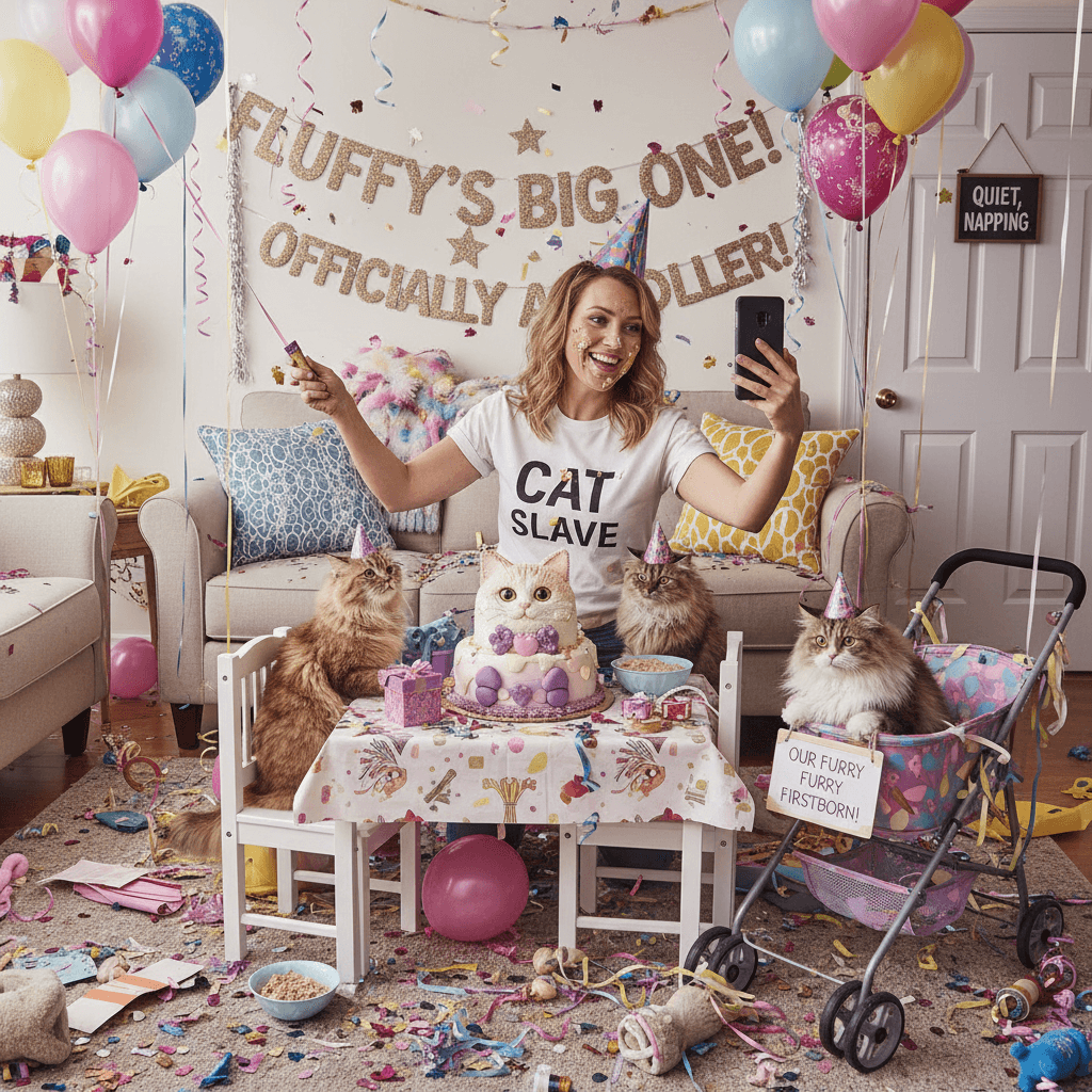 Woman celebrates cat birthday like they're literal children, calls herself slave