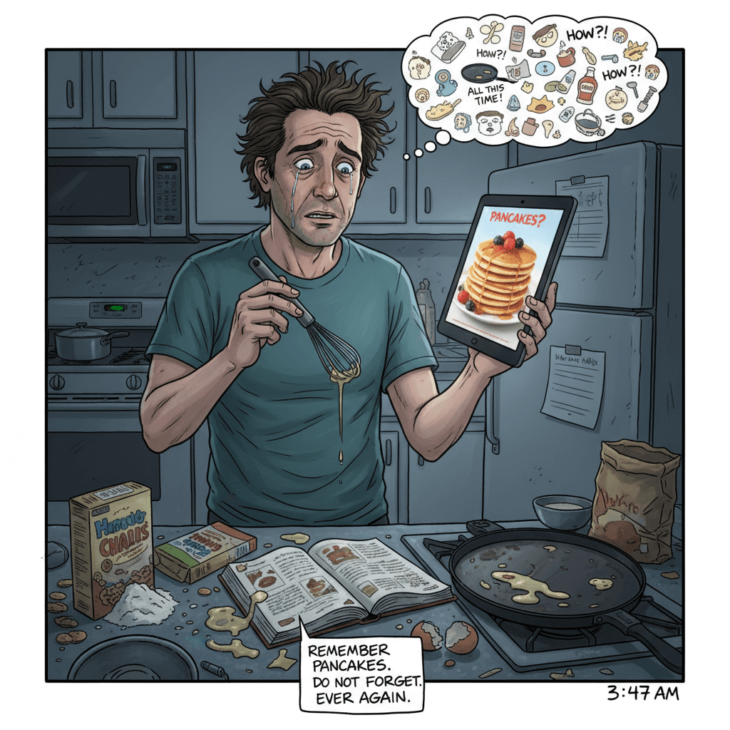 man discovers pancakes still exist, emotional breakdown imminent