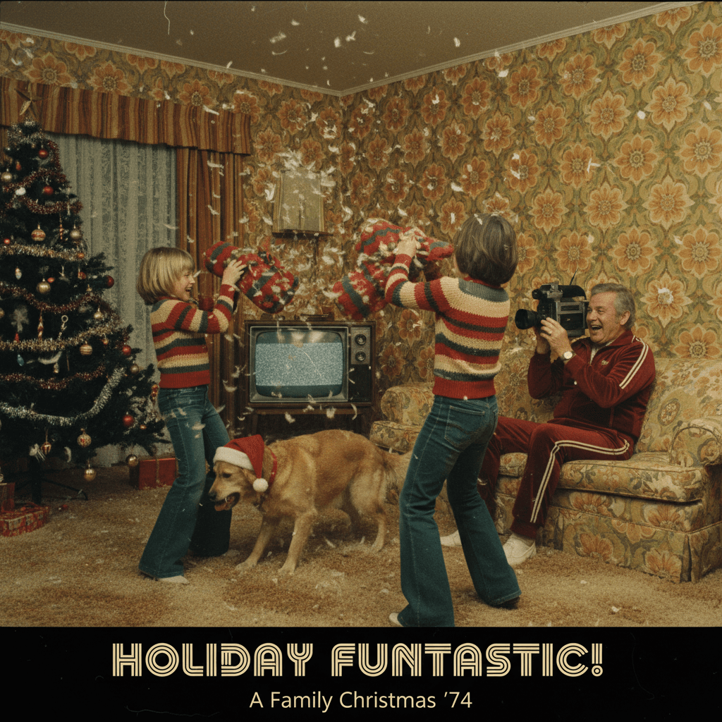 Pure 70s wholesome chaos - kids, stockings, and that wallpaper choice