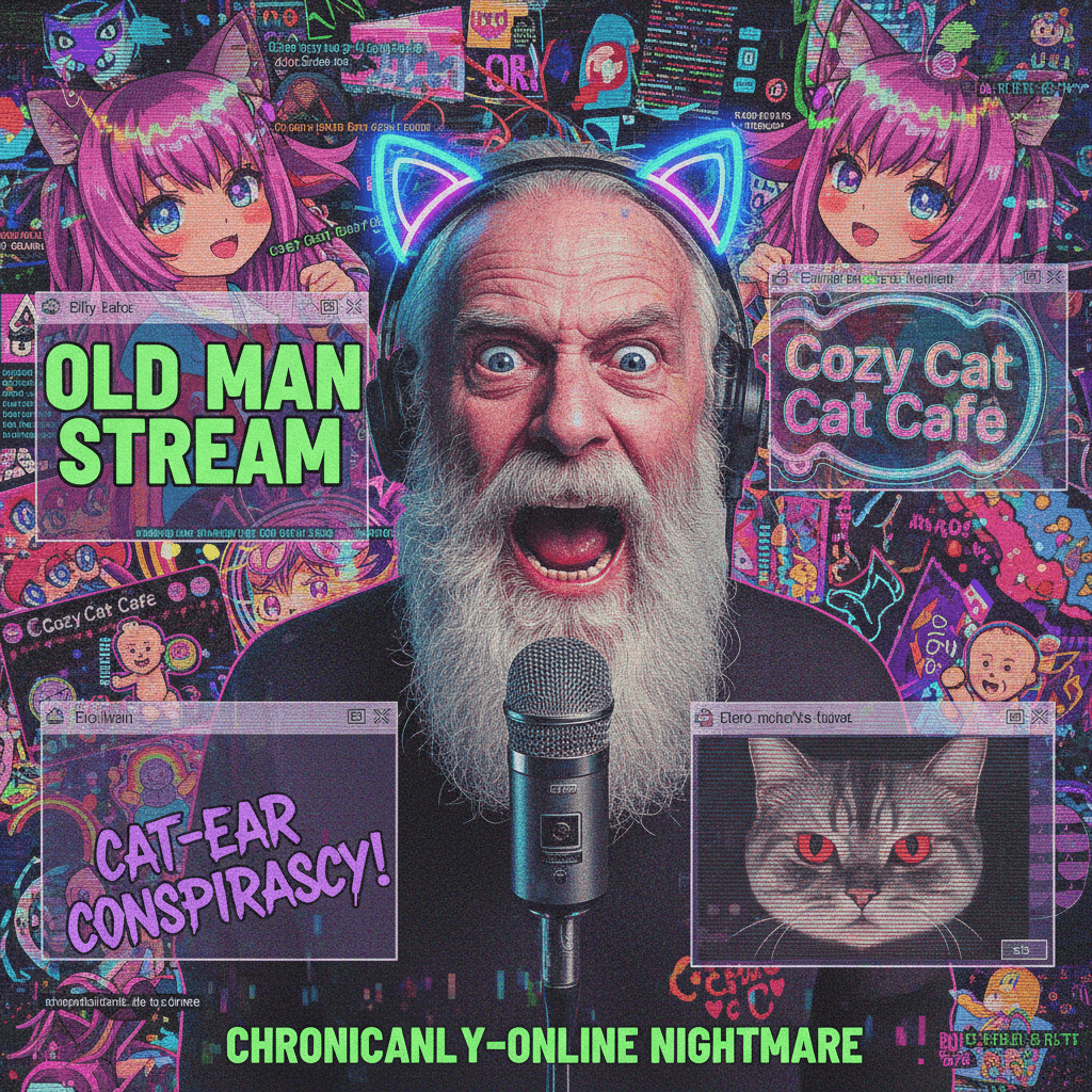 Peak unhinged: old man energy meets cat-ear discourse in neon nightmare format