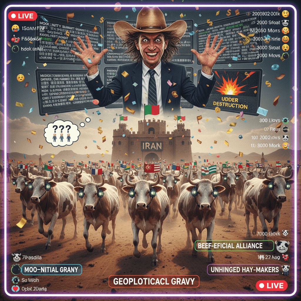 comparing humans to stampeding cattle while threatening iran, very normal