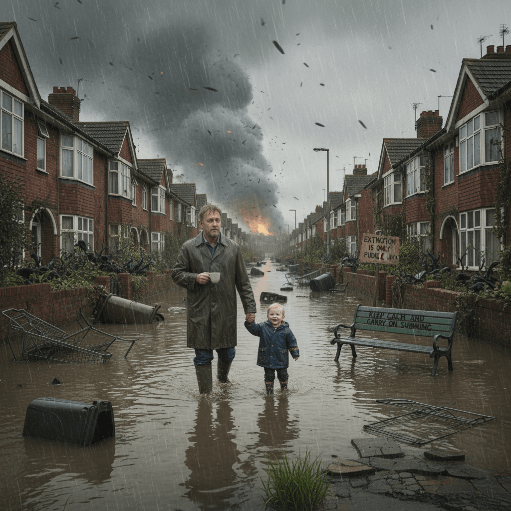 Man casually takes toddler for wade thru apocalypse, very British
