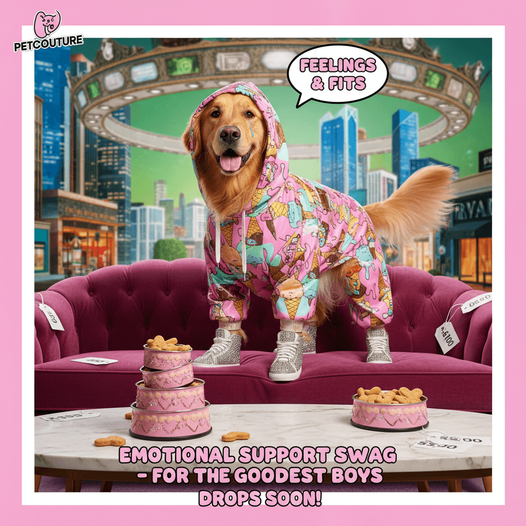 Dog in drip hoodie: emotional support animal meets streetwear catalog