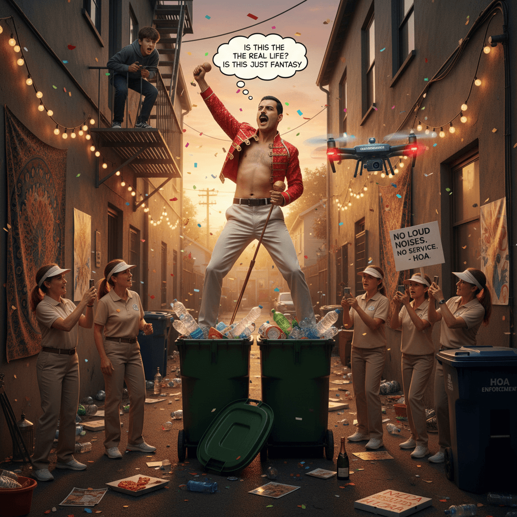 topless bin-alley bohemian rhapsody gets reported to HOA