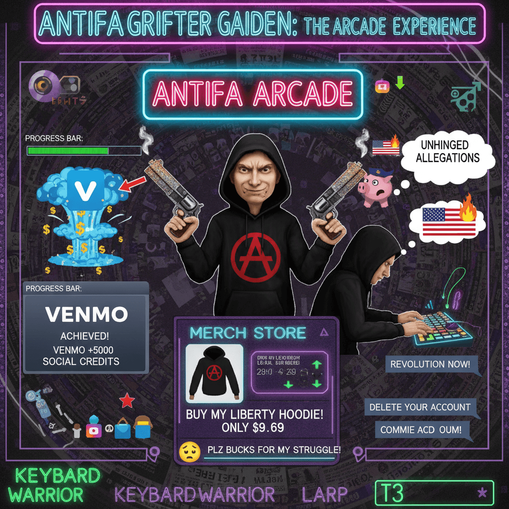 Antifa grifter arc speedrun: guns → venmo nuke → hoodie merch plea