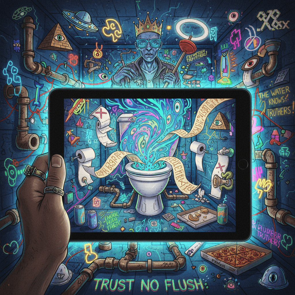 Peak toilet-based conspiracy art: flush the lies, embrace the cosmic plumbing